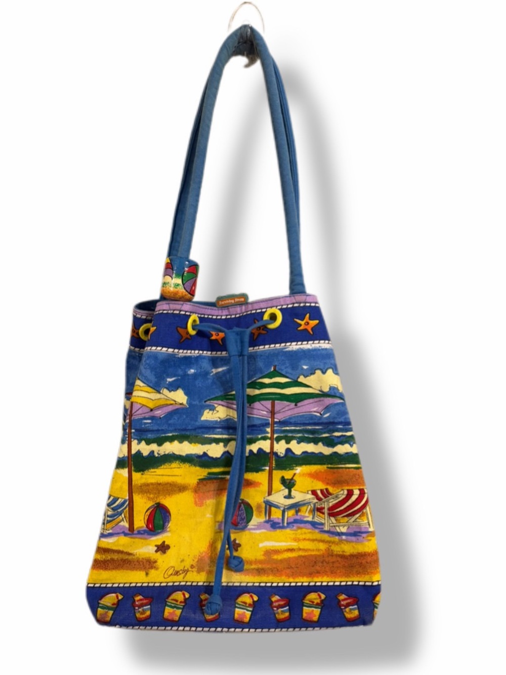Anne Ormsby Sun N Sand Beach Scene Canvas Drawstring Tote Novelty Bag